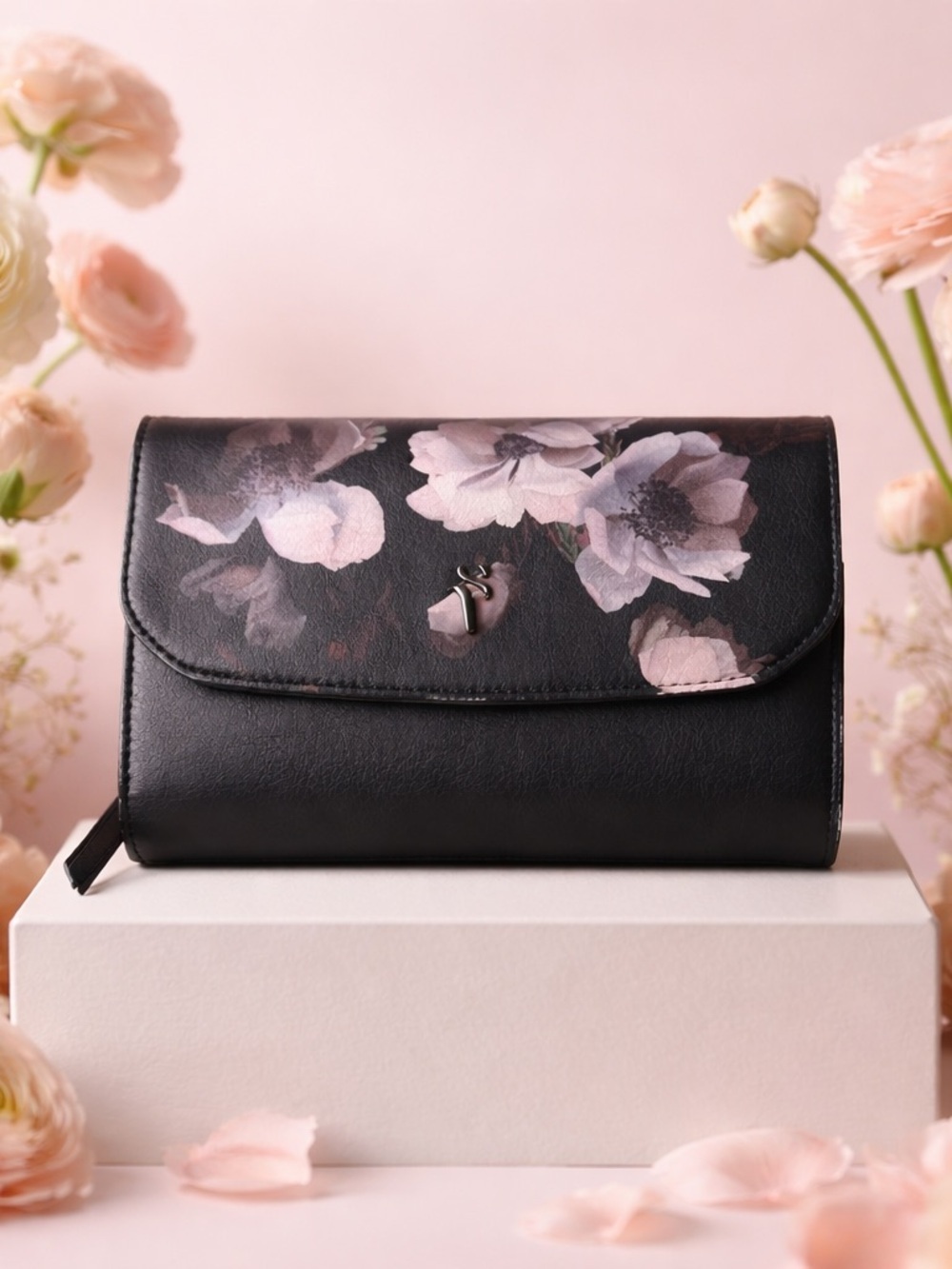 Simply Vera Vera Wang Black Clutch with Pale Pink Floral Accents - Picture 2 of 9